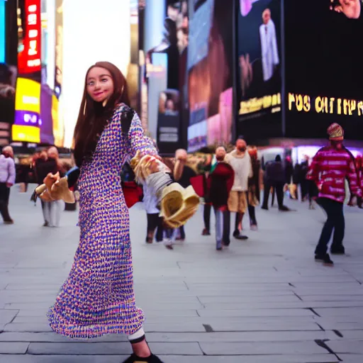 Prompt: a gorgeous potato girl walking in the middle of time square, realistic, photography