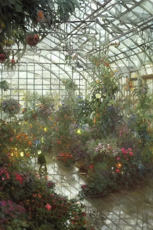 Prompt: a beautiful painting of a greenhouse, rainy, gloomy, dark, shimmering and prismatic, rococo, by krenz cushart and mucha and monet, trending on artstation.