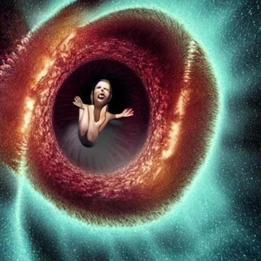 Image similar to woman falling through a black hole into hell facing all her enemies