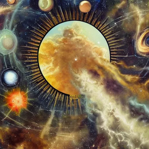 Prompt: artistic painting of God overlooking and admiring multiple universes, highly detailed