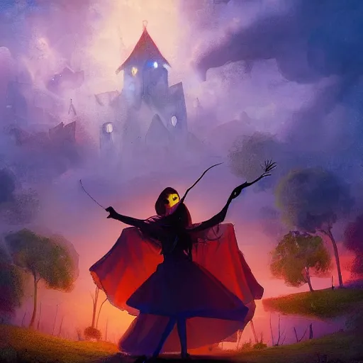 Prompt: beautiful witch casting a powerful spell on a village, beautiful composition, wide angle, colorful, cinematic, volumetric lighting, intricate details painting