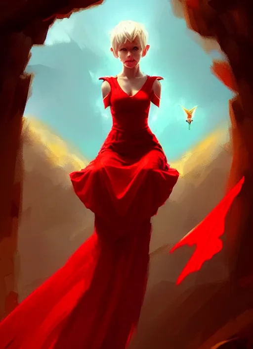 Image similar to Image of tiny pixie sitting on top of a human hand, D&D fantasy, wearing a red dress, intricate, highly detailed, digital painting, artstation, concept art, sharp focus, illustration, art by greg rutkowski and Ross Tran