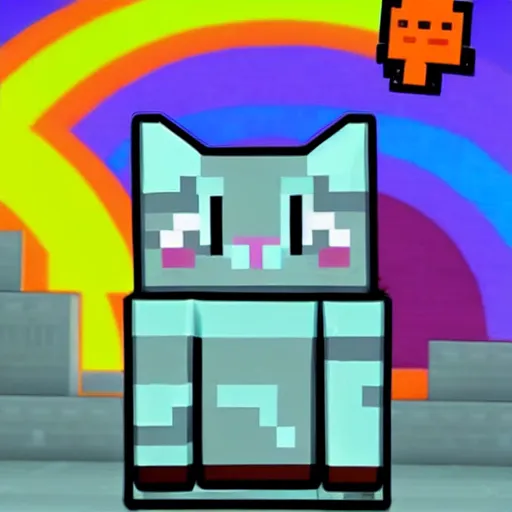 Image similar to a Minecraft cat if it were the fluffiest cutest little block kitty to ever exist ever in the history of the known universe and holding a slice of delicious pepperoni pizza while floating through the cosmos with a cosmic rainbow trail billowing behind it mimicking the early internet meme Nyan cat