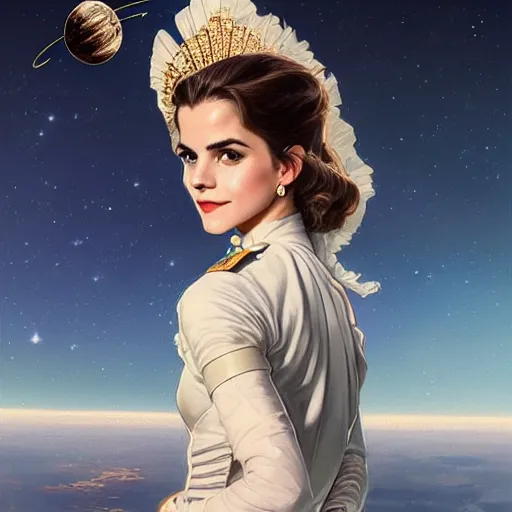 Image similar to A combination of Victoria Justice's and Grace Kelly's and Emma Watson's appearances as an astronaut, full body portrait, western, D&D, fantasy, intricate, elegant, highly detailed, digital painting, artstation, concept art, matte, sharp focus, illustration, art by Artgerm and Greg Rutkowski and Alphonse Mucha