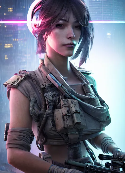 Image similar to the portrait of lawful neutral female cyberpunk marine sniper as absurdly beautiful, gorgeous, elegant, young gravure idol, an ultrafine hyperdetailed illustration by kim jung gi, irakli nadar, intricate linework, bright colors, octopath traveler, final fantasy, unreal engine 5 highly rendered, global illumination, radiant light, detailed and intricate environment