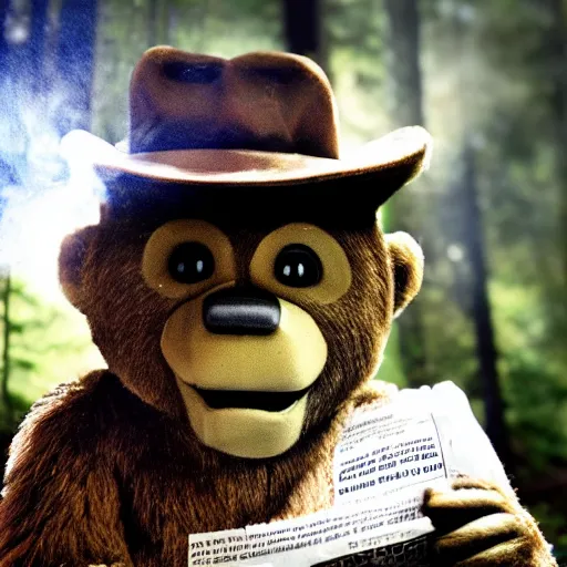 Image similar to UHD candid photo of Smokey The Bear in the woods, sitting over a well reading newspaper, by Annie leibowitz, photorealisitc, extremely detailed