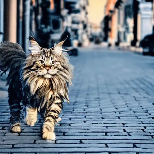 Image similar to a maine coon in maine walking down main street, 4 k, digital illustration,