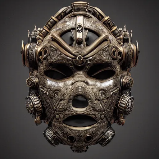 Image similar to an ominous dark ancient mask. hyper - detailed. steampunk baroque. symmetric. epic. unreal render.