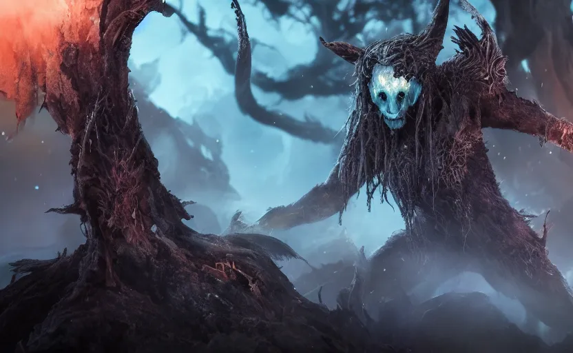 Prompt: ori and the olw, the underworld, or the great willow, was a place of a mid - size and great terror filled with a wide range of beings, including spirits, the undead, humanoids and savage guardians., close up bokeh hiperrealistic, high detailled, darkness dramatic, sharp focus, octane render, imax