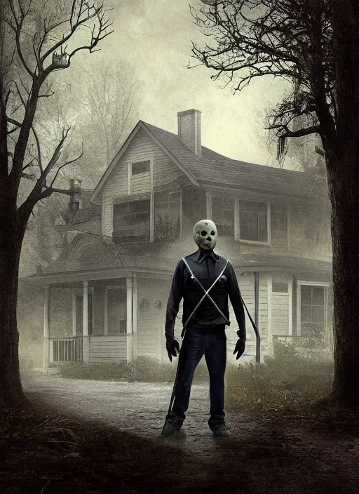 Image similar to jason voorhees standing in front of a house on a rainy day, a digital rendering by gregory crewdson, trending on cgsociety, american scene painting, ominous vibe, matte drawing, atmospheric