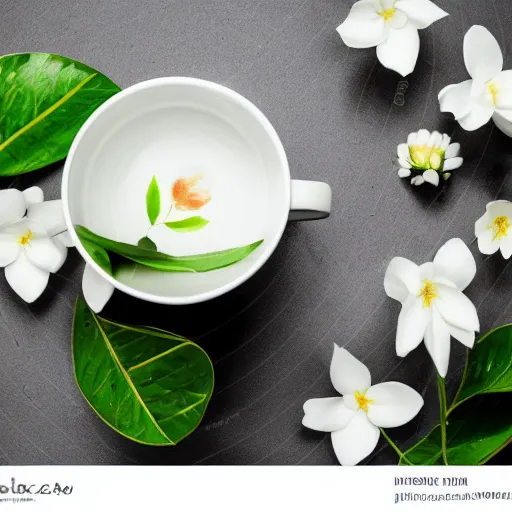 Image similar to ceramic mug surrounded by white flowers, green leaves, and pears, soft zen minimalist, white background, bright, crisp