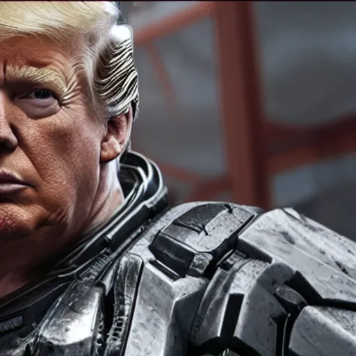 Image similar to Movie still of Donald Trump as ((the punisher)) in Gears of War, splash art, movie still, detailed face, photorealistic facial features, cinematic lighting, dramatic, octane render, long lens, shallow depth of field, bokeh, anamorphic lens flare, 8k, hyper detailed, 35mm film grain