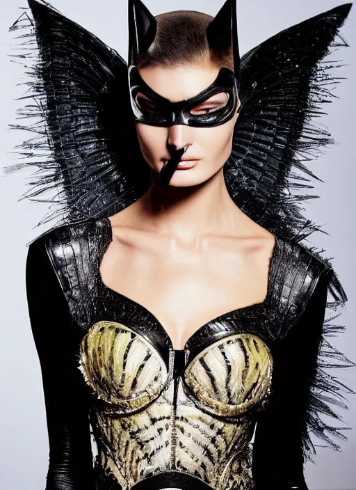 Image similar to A beautiful portrait of Ophelie Guillermand as Catwoman from Batman as a Versace fashion model Spring/Summer 2012, highly detailed, in the style of cinematic, Getty images, Milan fashion week backstage, Makeup by Pat McGrath, Greg rutkowski