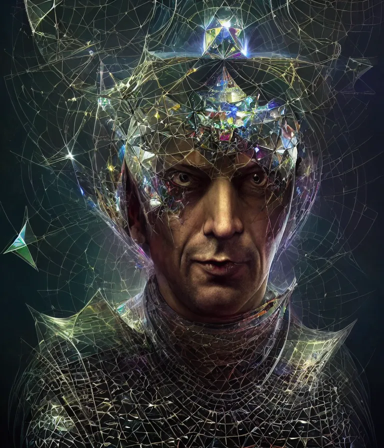 Image similar to front!!! shot of a court jester!!! character, mesmerizing fractal hypercubes, platinum cracked, dark holography!!!, future, metallic galactic, crystalline edges, polygonal, elegant, highly detailed, centered, (((artstation, concept art, jagged, sharp focus, artgerm, Tomasz Alen Kopera, Peter Mohrbacher, donato giancola, Joseph Christian Leyendecker, WLOP, Boris Vallejo))), ((raytracing)), mugshot!!!!!, ugly!!!!!!, octane render, nvidia raytracing demo, octane render, nvidia raytracing demo, octane render, nvidia raytracing demo, 8K, cinematic, masterpiece, fine portrait