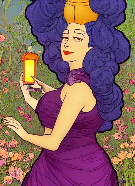 Prompt: well - lit art nouveau portrait of marge simpson with hair blowing in the wind in a flower garden with lanterns and fireflies at night,, natural lighting, path traced, highly detailed, high quality, cartoon, digital painting, by don bluth and alphonse mucha and ross tran