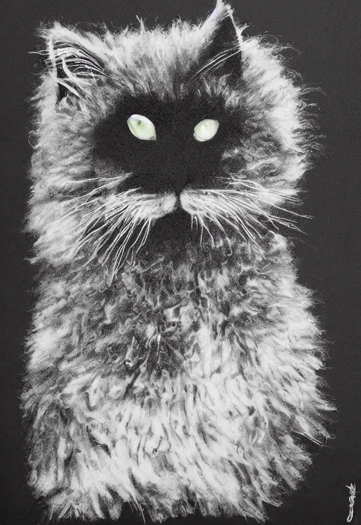 Image similar to fluffy cat t - shirt design, afro comb, by jules julien, dark grisaille monochrome neon spraypaint, ironic