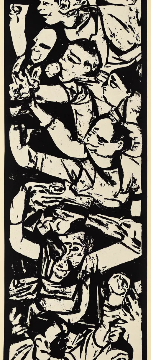 Image similar to mid-century block print propaganda poster promoting nonsense