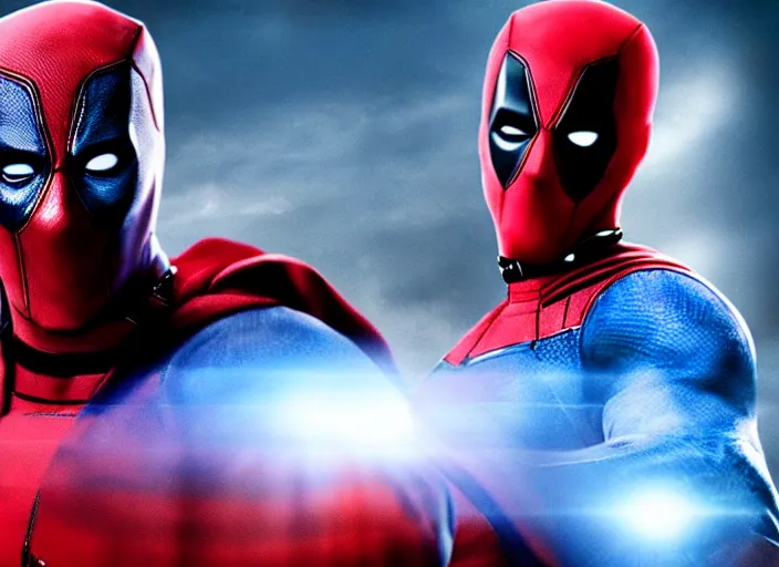 Image similar to film still of deadpool as superman in the new superman movie, 4 k, highly detailed face, detailed eyes