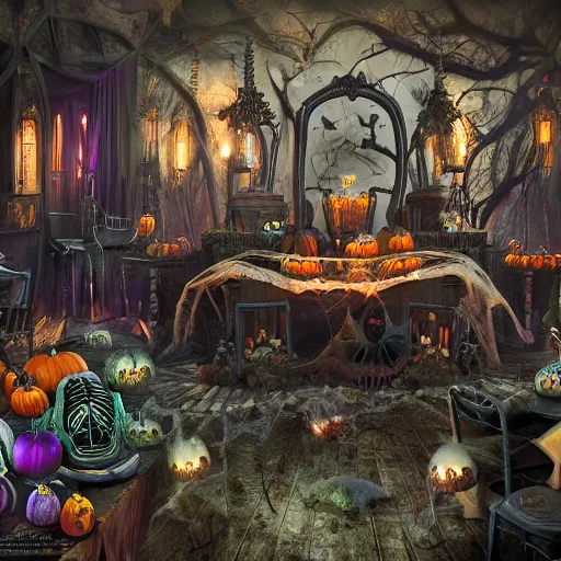 Prompt: spooky Halloween party, Fantasy Hyper detailed digital matte painting, concept art, hyperrealism, Cinema 4D, 8k resolution, 64 megapixels, coherent, bokeh, CGSociety, ZBrush Central, behance HD, hypermaximalist, a masterpiece, 4K