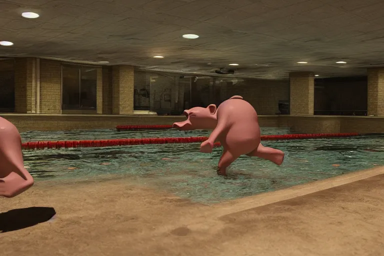 Image similar to photo, two old men fight pig mutants 4 0 1 2 7 inside a swimming pool, highly detailed, scary, volumetric lighting, front view