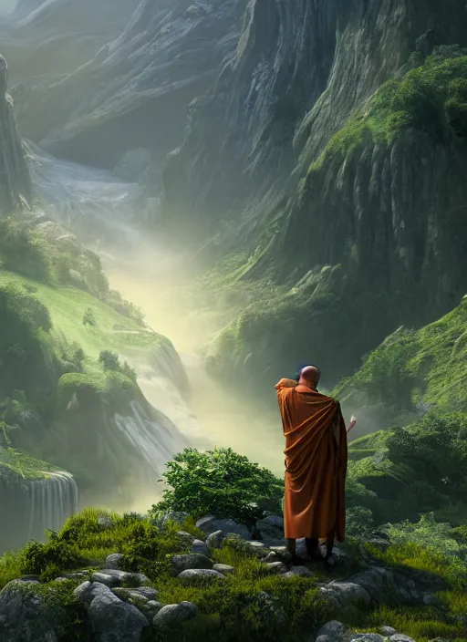 Image similar to an stral monk in lord of the rings scenery landscape, looking out at a vast lush valley at sunrise with a tibetan temple on a mountain in the distance, river, waterfall, god's rays, highly detailed, vivid color, cinematic lighting, perfect composition, 8 k, gustave dore, derek zabrocki, greg rutkowski, belsinski, octane render