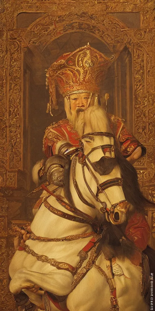 Image similar to Highly detailed and cinematic Renaissance period portrait oil painting Kublai Khan, an oil painting ((masterpiece)) by ((Josep Tapiró Baró)), dynamic lighting, 8K