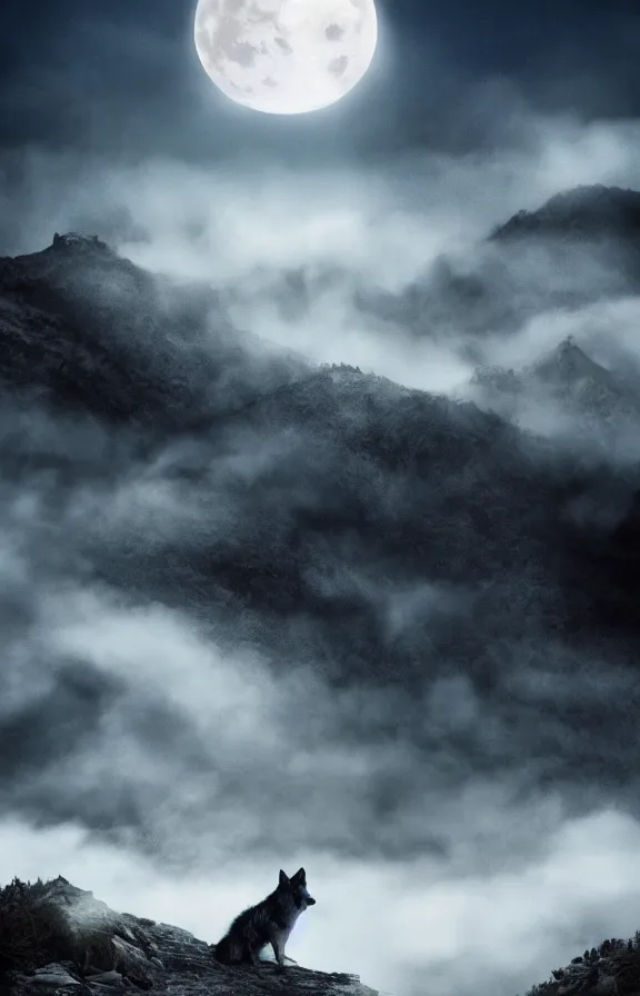 Image similar to a photograph of a wolf at full moon in a mountainous environment, full moon with fog and clouds, concept art, epic lighting, cinematographic