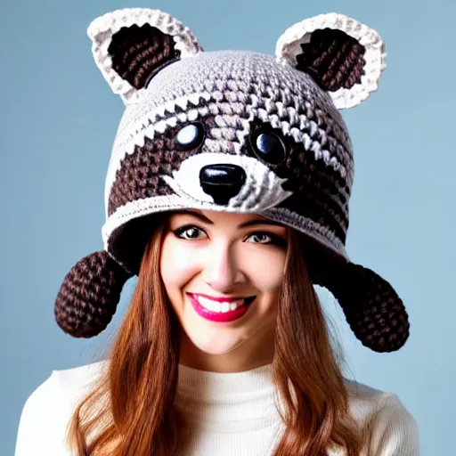 Prompt: a crocheted raccoon hat, very detailed animal hat, cute details, product photo, promotional image, smiling girl, sharp focus, studio lighting