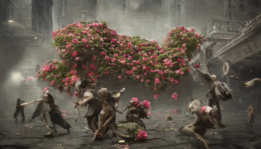 Prompt: lawyers are disappointed and frustrated since the rose flowers are all withered and turned to dust, the , a hyperrealistic photograph 3D octane render of a highly detailed epic cinematic concept art CG render digital painting artwork powerful 8k