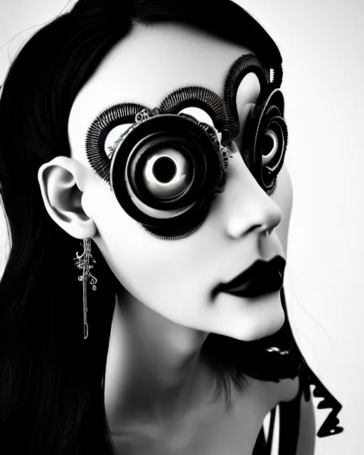 Image similar to black and white dreamy foggy poetic smoky profile face portrait, one silver steampunk realistic eye biomechanical beautiful angelic young female cyclope - cyborg - robot bust, body ribs meshes,, volumetric light, hibiscus flowers, by cecile beaton, rim light, big gothic fashion pearl embroidered collar, 8 k