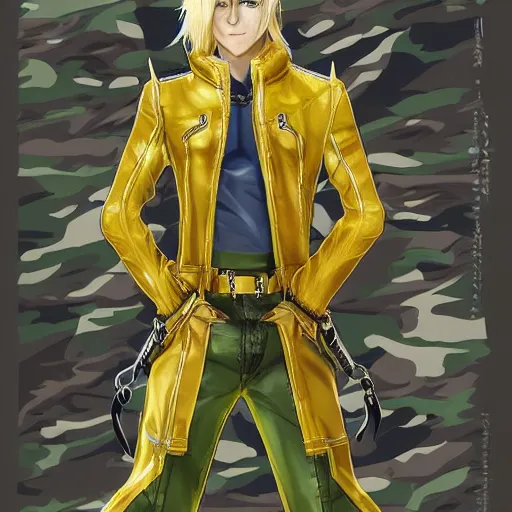 Prompt: elven male, shaggy blonde hair. Wearing modern yellow leather jacket and blue camouflage pants. Modern, concept art, Akikazu Mizuno, phantasy star online, anime