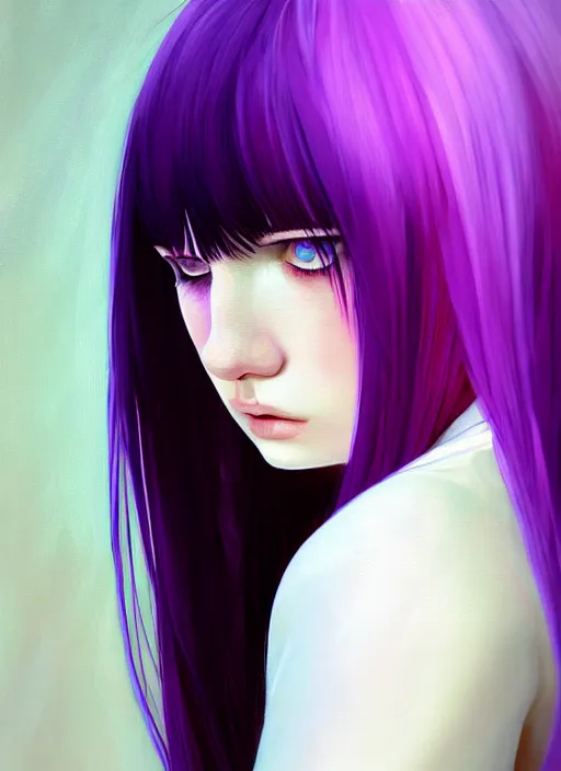 Image similar to hair whitebangs hair, black hair, whitebangs, portrait of teenage girl with white bangs, red irises, purple clothes, white bangs, bangs are different color from hair, intricate, elegant, glowing lights, highly detailed, digital painting, artstation, concept art, smooth, sharp focus, illustration, art by wlop, mars ravelo and greg rutkowski