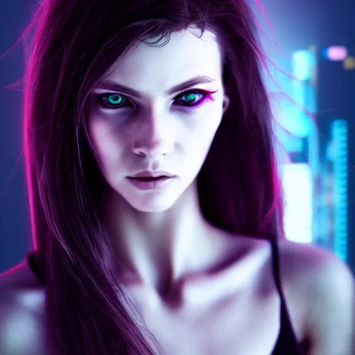 Image similar to realistic detailed portrait of Cyberpunk woman, portrait, long dark hair, Cyberpunk, Sci-Fi, science fantasy, glowing skin, full body, beautiful girl, extremely detailed, sharp focus, model