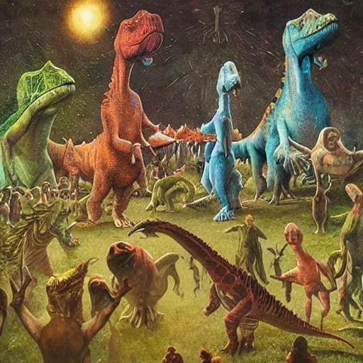 Prompt: A group of dinosaurs dancing in a rave party at ozora festival by Esao Andrews and Karol Bak and Zdzislaw Beksinski