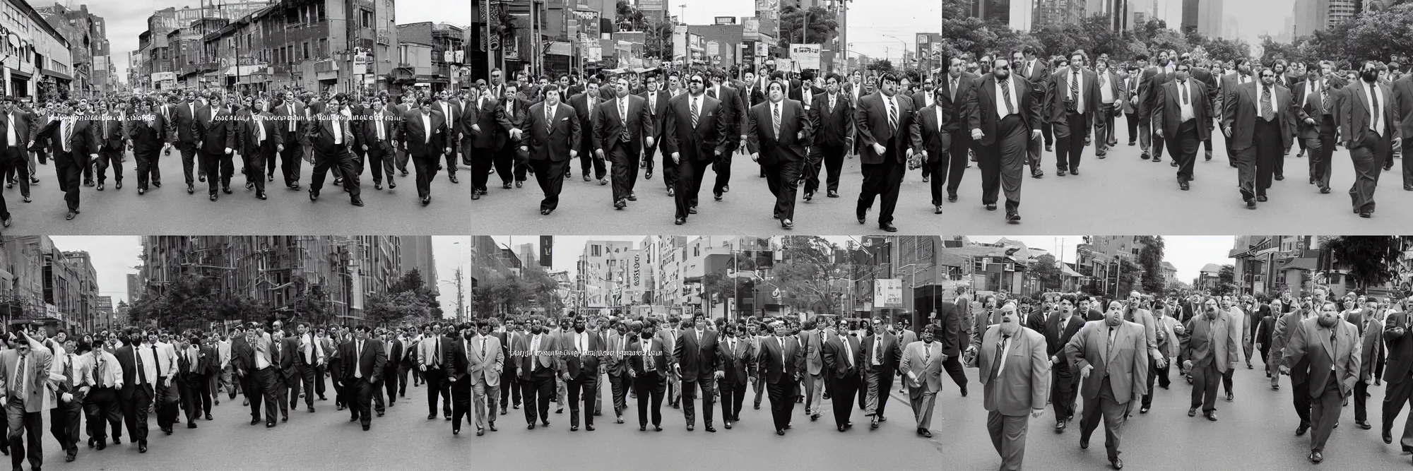 Prompt: A large group of chubby men in suits and neckties parading through the street canes, overcast day, 1990s.