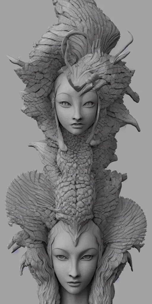 Image similar to a sculpture of mythical creatures by geenss archenti flores, elegant and beautiful female face, carved in stone, intricate, elegant, highly detailed, artstation, concept art, ambient occlusion, vray render,