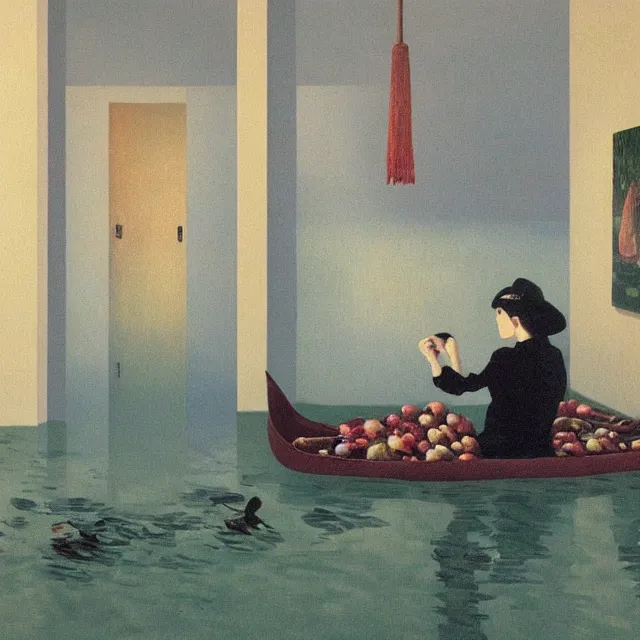 Prompt: painting of flood waters inside an apartment, tall female emo art student, a river flooding indoors, pomegranates, pigs, ikebana, water, river, rapids, waterfall, black swans, canoe, berries, acrylic on canvas, surrealist, by magritte and monet