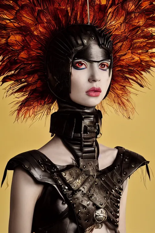 Prompt: a close up matte portrait of an attractive stern fierce 25yo female goddess of nuclear explosions wearing a divine costume with a modular grand headpiece. matte painting portrait by Alessio Albi, Ross Tran, and WLOP, her outfit is made of leather and feathers and was designed by Yoshitaka Amano in the style of an explosion. headshot. trending on artstation, quirky composition, volumetric light, in the style of a 1970s sci fi book cover