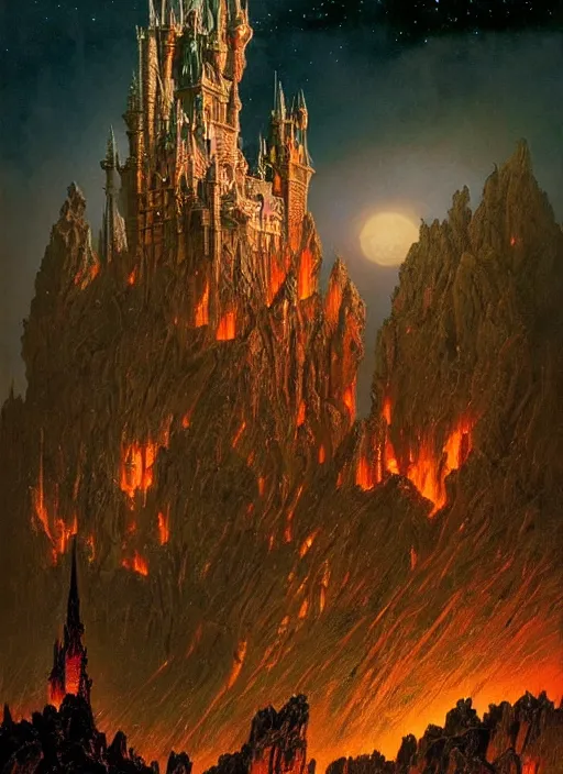 Image similar to giant gorgeous castle with a lot of small towers and spikes, deep night scene with a lot of fire and magical sky with two moons and a lot of stars. d & d, dark fantasy, gorgeous lighting, highly detailed, volumetric lights. by zdzisław beksinski and norman rockwell and greg rutkowski. weta studio, and lucasfilm