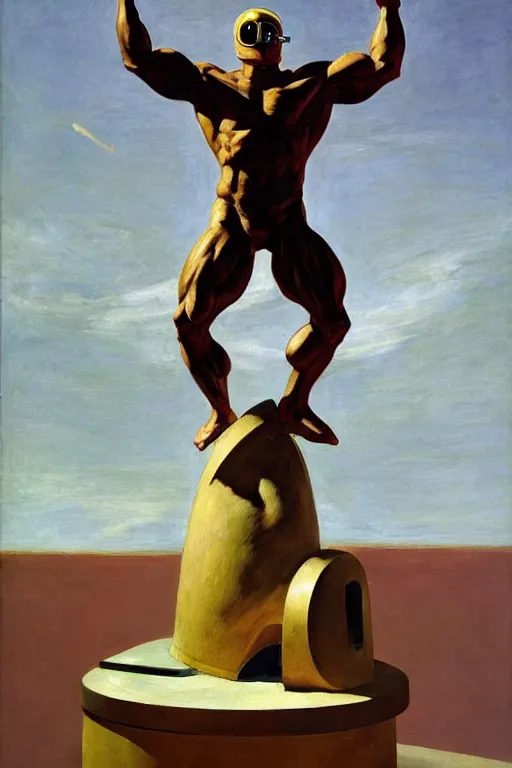 Prompt: bodybuilder in an astronaut helmet lifts a statue of a horse, highly detailed painting by francis bacon, edward hopper, adrian ghenie, gerhard richter, and james jean soft light 4 k,