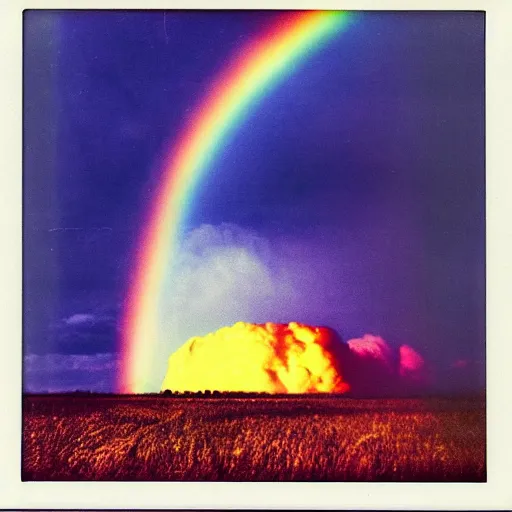 Image similar to polaroid photo of colorful rainbow over the nuclear explosion