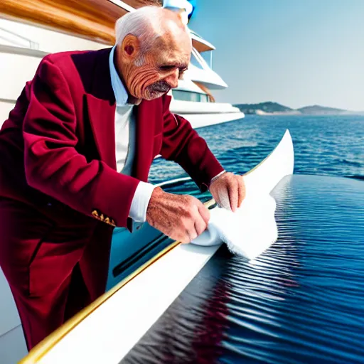 Image similar to wrinkled hunchbacked old man in musty burgundy suit, polishing painting the side of a gold plated mega yacht with a cloth, maintenance photo, wide angle