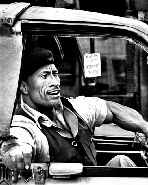 Image similar to film still close - up shot of dwayne johnson as a new york city cab driver from the movie taxi driver. photographic, photography