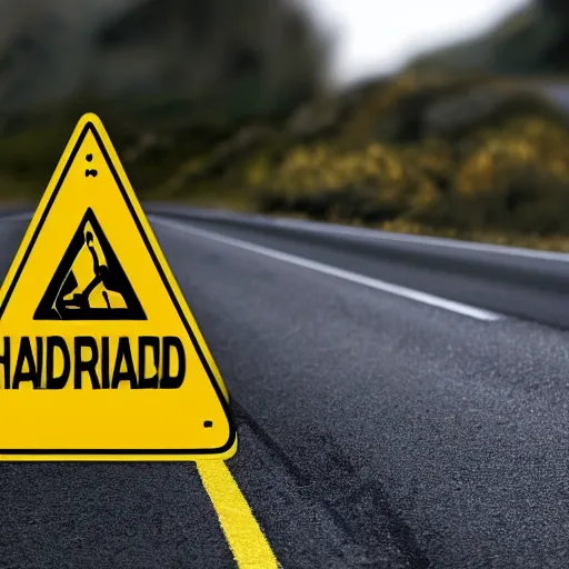 Prompt: a warning sign at the side of the road with detailed text about an upcoming hazard with several harsh warning symbols
