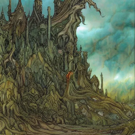 Prompt: the swamp ad castle are being sucked into the sky vortex, an award winning landscape painting y rebecca guay