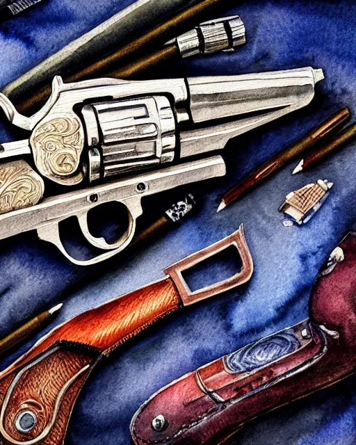 Image similar to realistic detailed revolver, watercolor, western, high production value, intricate details, high resolution, hyperrealistic, hdr, high definition, masterpiece, ultra realistic, highly detailed, hd, sharp focus, cinematic lighting, shaded, non blurry, sharp, smooth