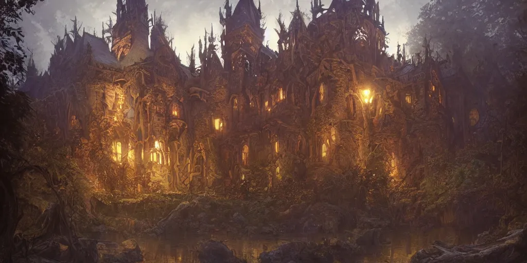 Prompt: a castle built in haunted forest, creepy fantasy ambience, D&D, fantasy, intricate, cinematic lighting, highly detailed, digital painting, artstation, concept art, smooth, sharp focus, illustration, art by Artgerm and Greg Rutkowski and Alphonse Mucha