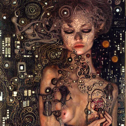 Image similar to cybernetic vampire sleeping in circuits, intricate detail, klimt, royo, whealan,