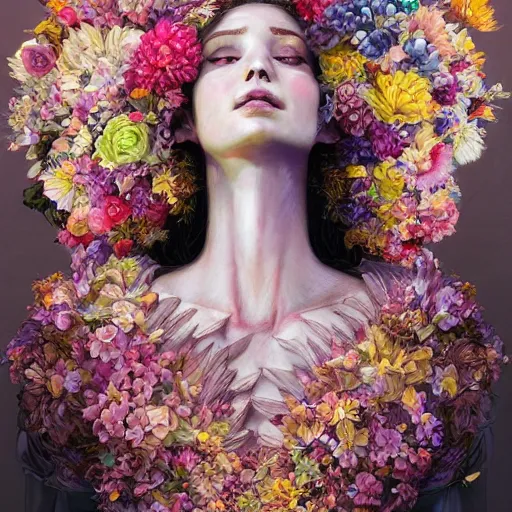 Prompt: the portrait of an absurdly beautiful, graceful, elegant, chaste woman made of petals looking up, an ultrafine detailed illustration by kim jung gi, irakli nadar, intricate linework, bright colors, octopath traveler, final fantasy, angular, unreal engine 5 highly rendered, global illumination, radiant light, detailed and intricate environment