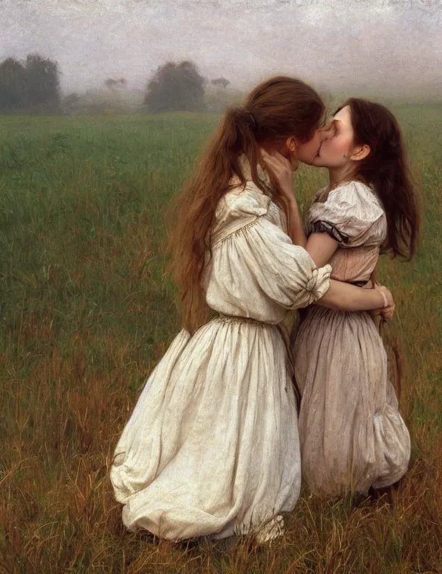 Image similar to two peasant girl kiss over a of hay, lolita style, Cottage core, Cinematic focus, Polaroid photo, vintage, neutral colors, soft lights, foggy, by Steve Hanks, by Serov Valentin, by Andrei Tarkovsky, by Terrence Malick, 8k render, detailed, oil on canvas